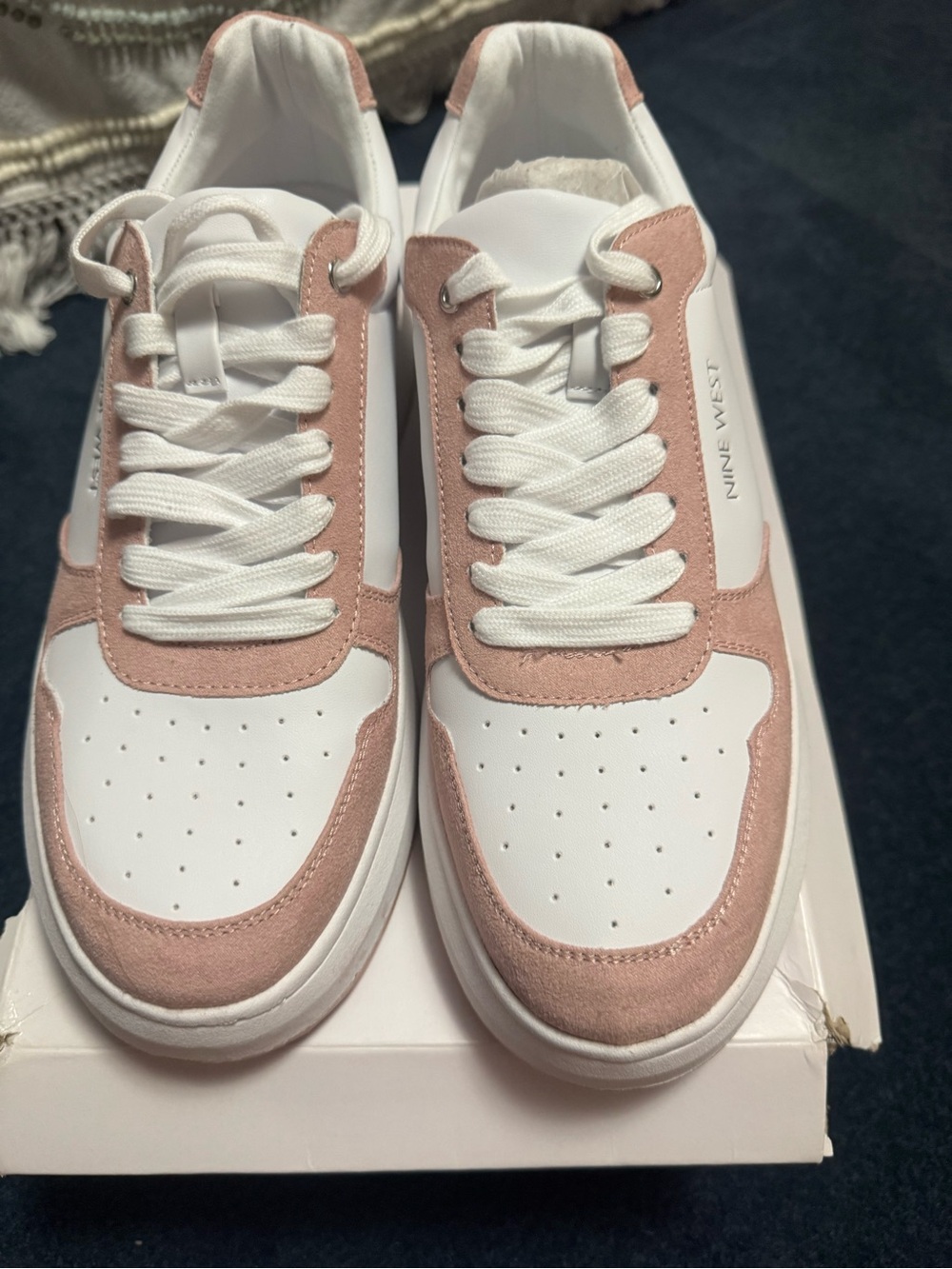Nine West White and Blush Pink Low-Top Lace-Up Sneakers